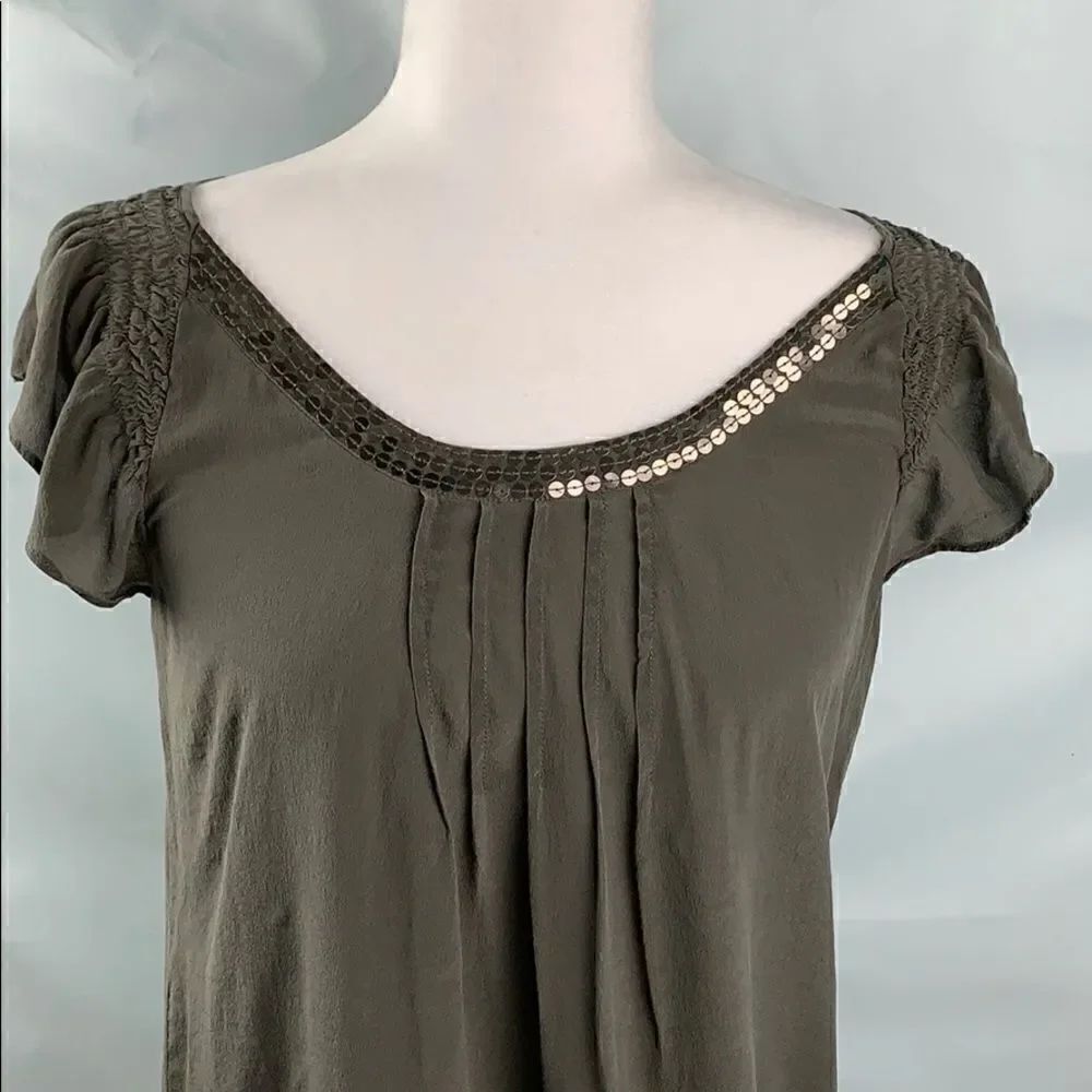 Petticoat Alley army green silk and sequins top